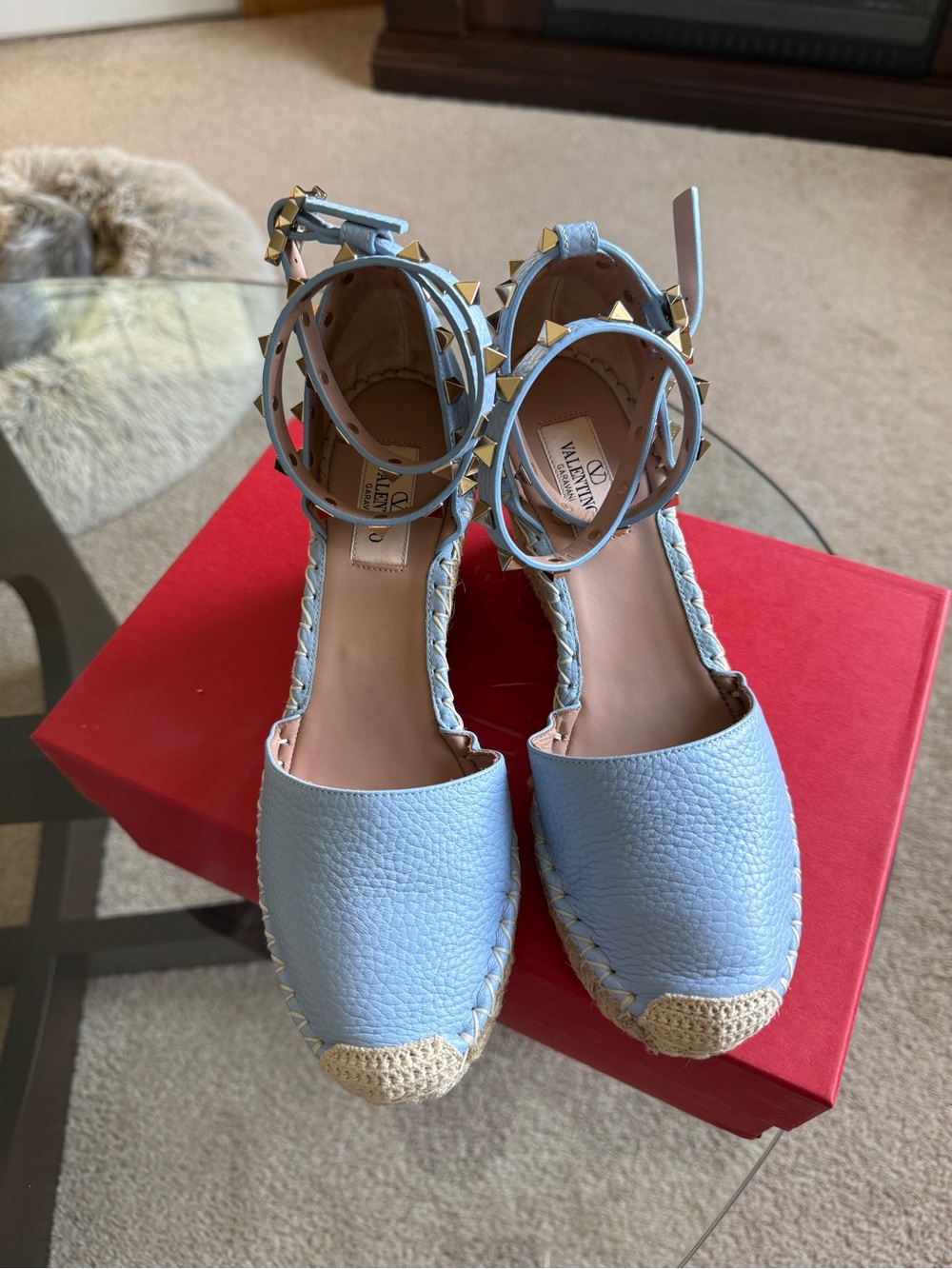 Valentino Garavani Baby Blue Rockstud Espadrille Wedges
